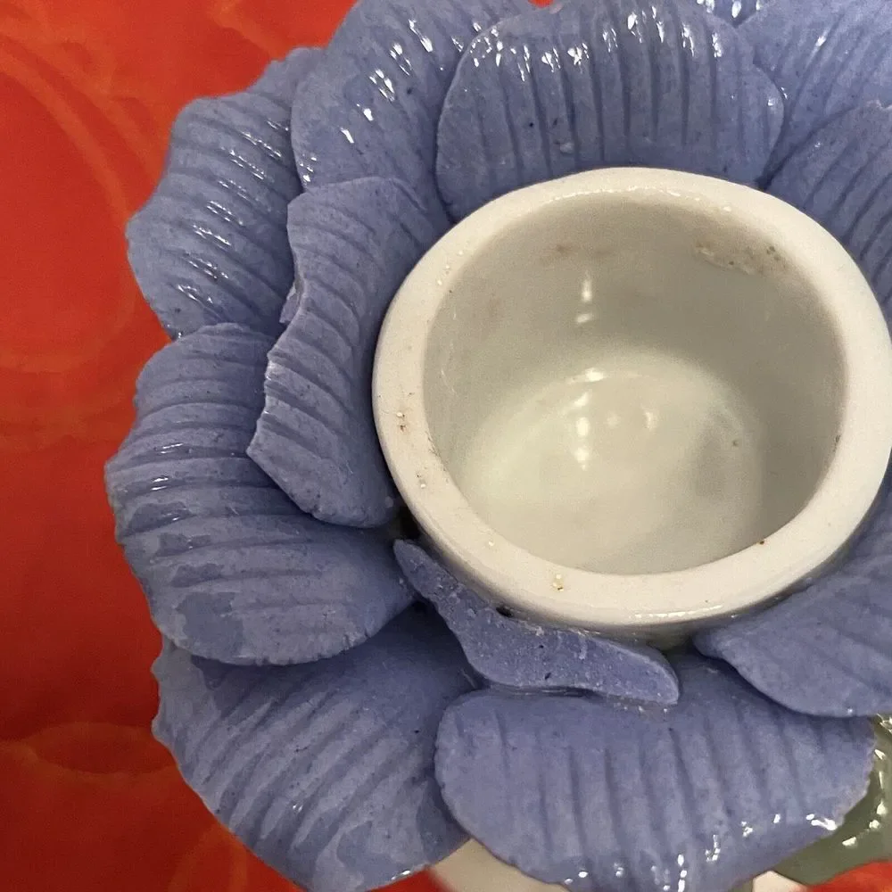 Lot of 2 VTG Blue Rose Porcelain Candlestick Holders One Perfect, One Lil Damage